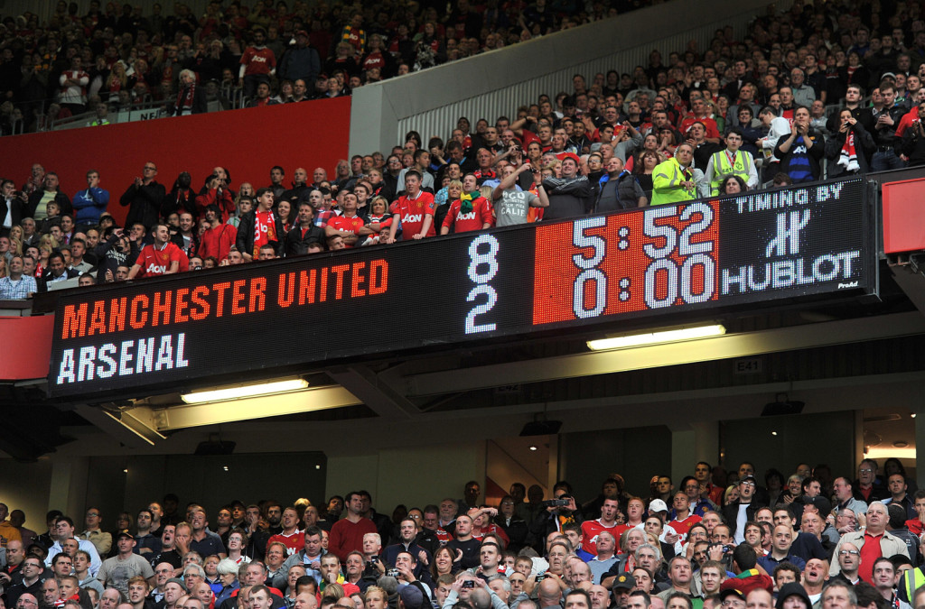 Soccer - Barclays Premier League - Manchester United v Arsenal - Old Trafford. General view of the scoreboard at Old Trafford showing the final score of Manchester United 8 Arsenal 2 during the Barclays Premier League match at Old Trafford, Manchester. Picture date: Sunday August 28, 2011. See PA story SOCCER Man Utd. Photo credit should read: Martin Rickett/PA Wire. URN:11477340